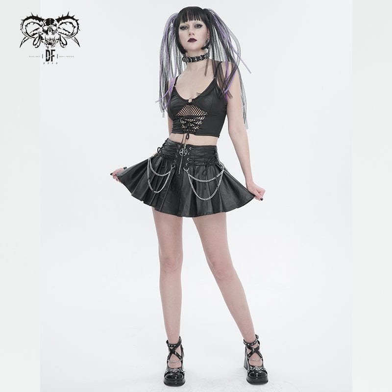 DEVIL FASHION Women's Punk High-waisted Pleated Skirt with Chain