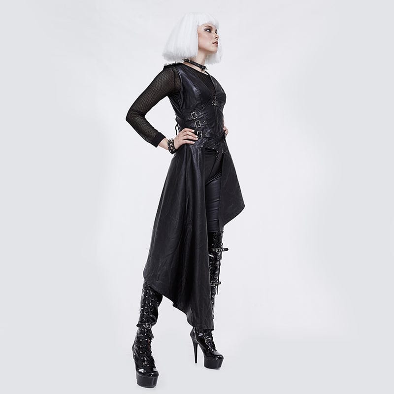 DEVIL FASHION Women's Punk Irregular Hem Faux Leather Waistcoat