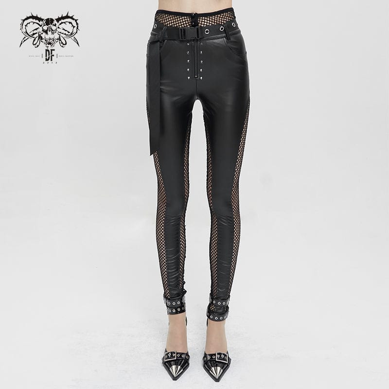 DEVIL FASHION Women's Punk Mesh Splice Rivets Leggings with Belt