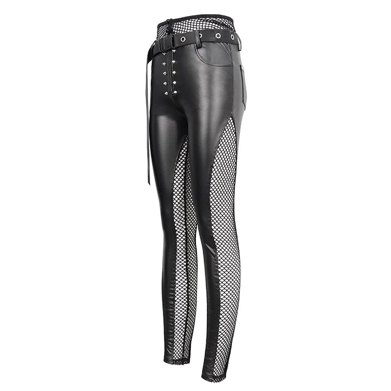 DEVIL FASHION Women's Punk Mesh Splice Rivets Leggings with Belt