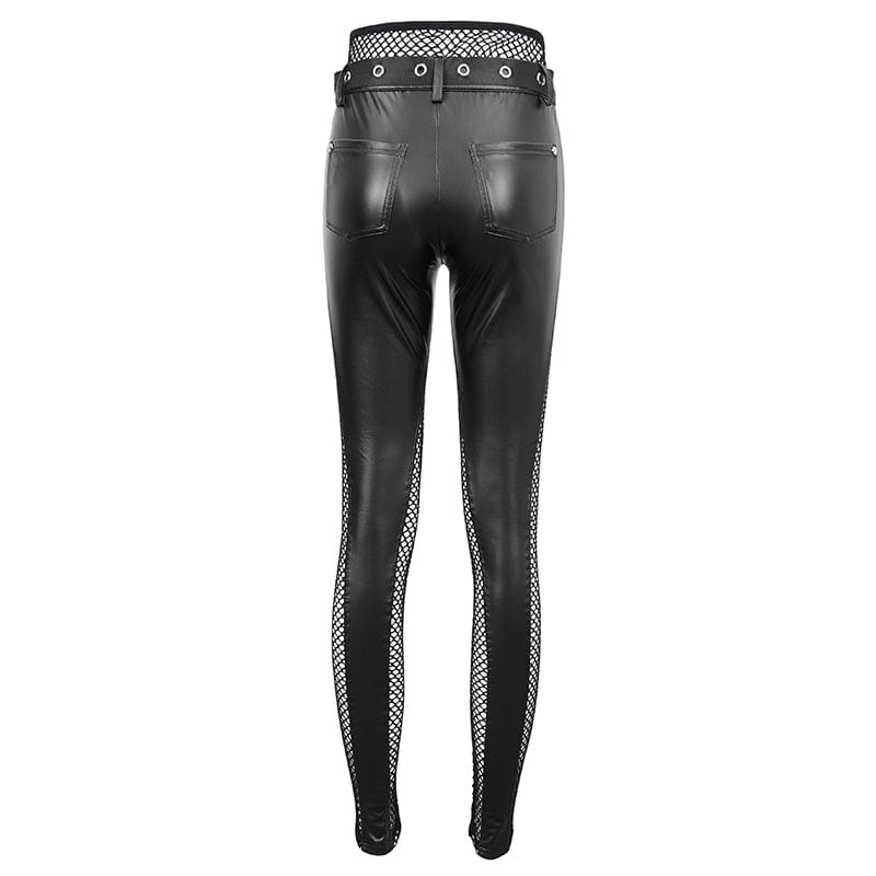 DEVIL FASHION Women's Punk Mesh Splice Rivets Leggings with Belt