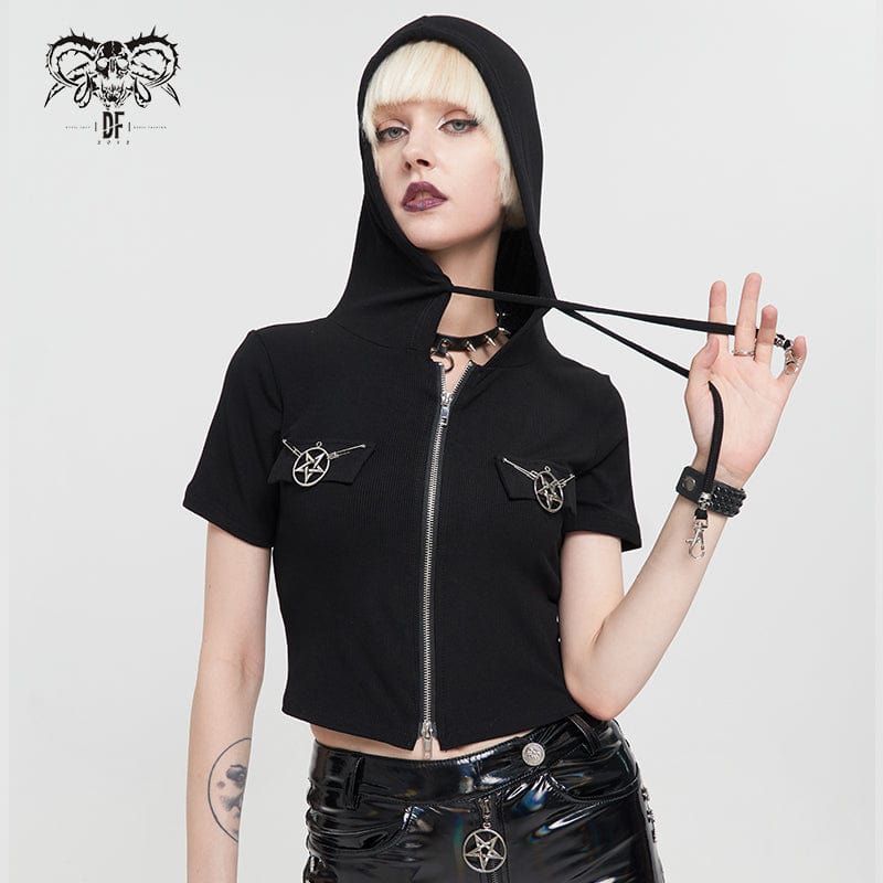 DEVIL FASHION Women's Punk Metal Star Double Zipper Short Sleeved Crop Top