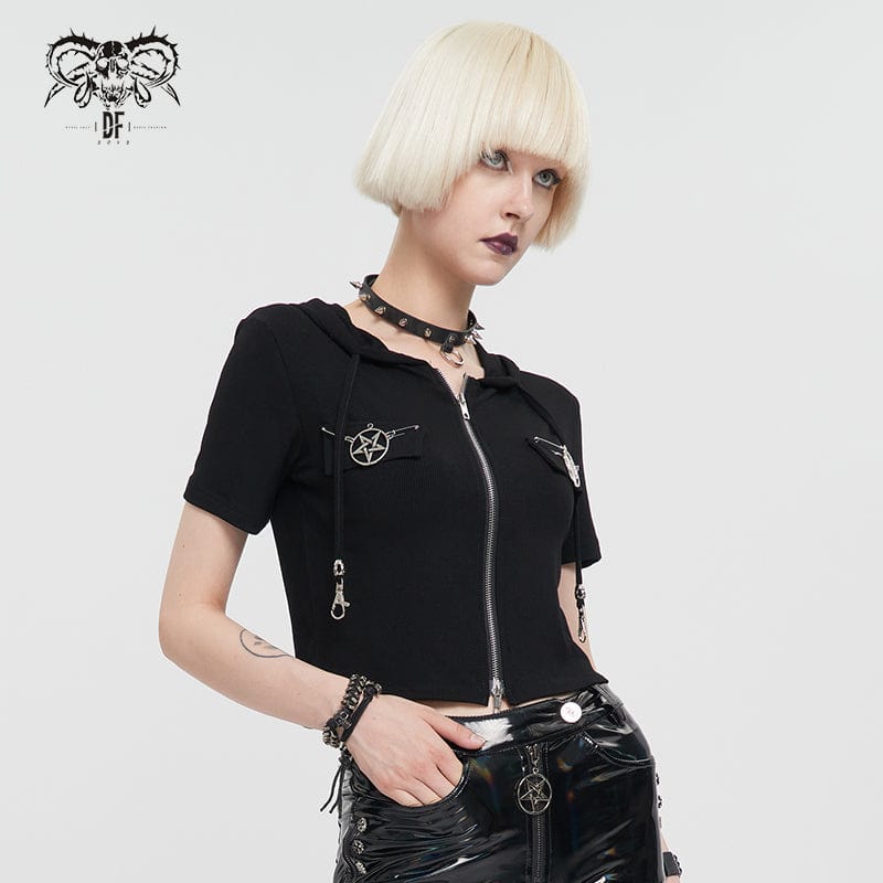 DEVIL FASHION Women's Punk Metal Star Double Zipper Short Sleeved Crop Top