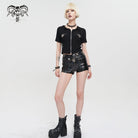 DEVIL FASHION Women's Punk Metal Star Double Zipper Short Sleeved Crop Top