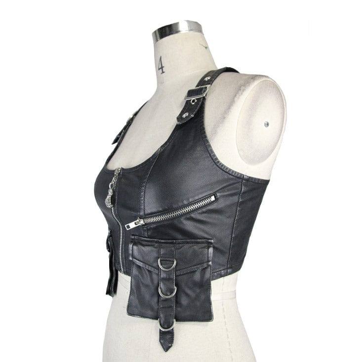 DEVIL FASHION Women's Punk Military Style Faux Leather Vest with Pockets