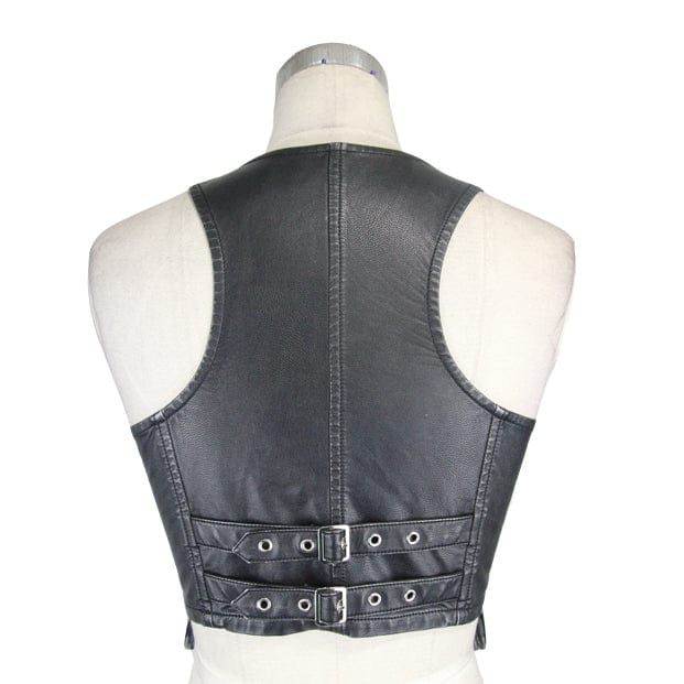 DEVIL FASHION Women's Punk Military Style Faux Leather Vest with Pockets