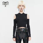 DEVIL FASHION Women's Punk Off Shoulder Cutout Knitted Long Sleeved Crop Top