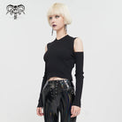DEVIL FASHION Women's Punk Off Shoulder Cutout Knitted Long Sleeved Crop Top