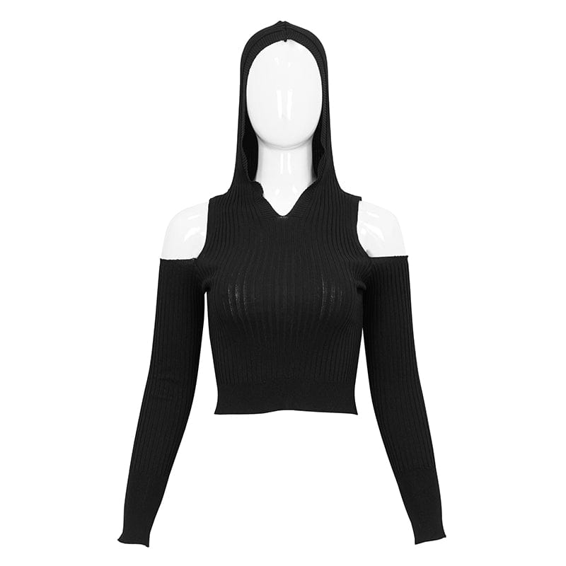 DEVIL FASHION Women's Punk Off Shoulder Cutout Knitted Long Sleeved Crop Top