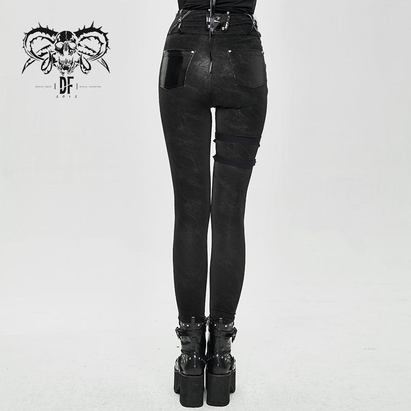 DEVIL FASHION Women's Punk Pentagram Leggings with Faux Leather Strap