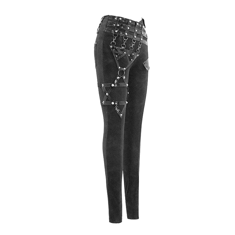 DEVIL FASHION Women's Punk Pentagram Leggings with Faux Leather Strap