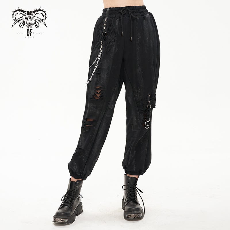 DEVIL FASHION Women's Punk Ripped Metal Chain Lantern Pants