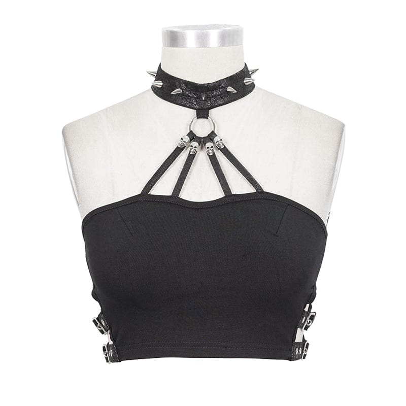 DEVIL FASHION Women's Punk Rivets Skull Halterneck Bustier