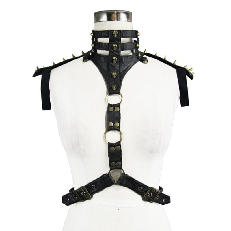 DEVIL FASHION Women's Punk Shoulder & Neck Brace With Gold Skulls