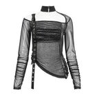DEVIL FASHION Women's Punk Stand Collar Slash Shoulder Sheer Shirt