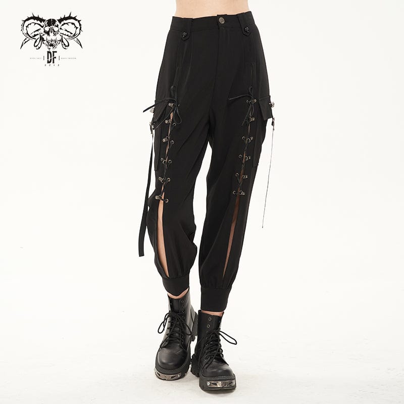 DEVIL FASHION Women's Punk Strappy Big-pocket Jogger Pants