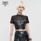 DEVIL FASHION Women's Punk Strappy Mesh Splice Faux Leather Crop Top