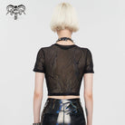 DEVIL FASHION Women's Punk Strappy Mesh Splice Faux Leather Crop Top