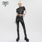 DEVIL FASHION Women's Punk Strappy Mesh Splice Faux Leather Crop Top