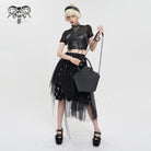 DEVIL FASHION Women's Punk Strappy Mesh Splice Faux Leather Crop Top