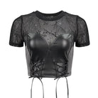 DEVIL FASHION Women's Punk Strappy Mesh Splice Faux Leather Crop Top