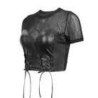 DEVIL FASHION Women's Punk Strappy Mesh Splice Faux Leather Crop Top