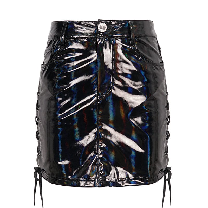 DEVIL FASHION Women's Punk Strappy Patent Leather Skirt