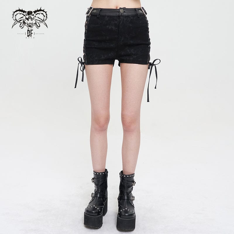 DEVIL FASHION Women's Punk Strappy Tie-dyed Buckle Shorts