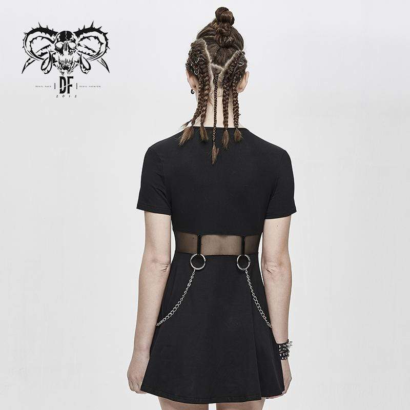 Women's Sheer Waist Rings&Chains Black Little Dresses With Detachable Chain