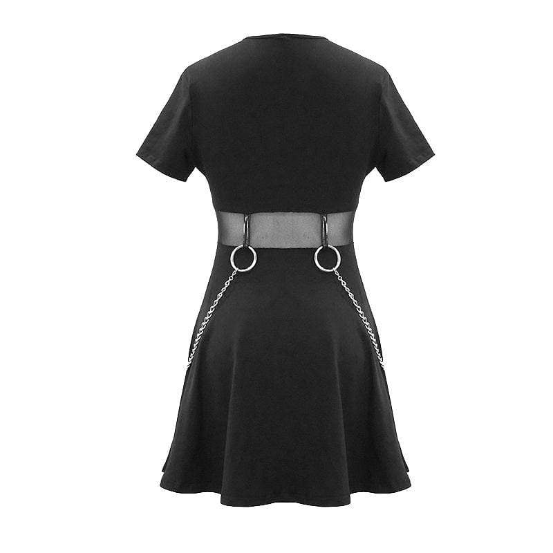 Women's Sheer Waist Rings&Chains Black Little Dresses With Detachable Chain