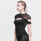DEVIL FASHION Women's Short cutaway Sleeves and Peekaboo Neck Punk T-Shirt