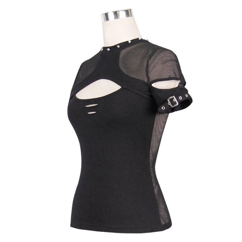 DEVIL FASHION Women's Short cutaway Sleeves and Peekaboo Neck Punk T-Shirt
