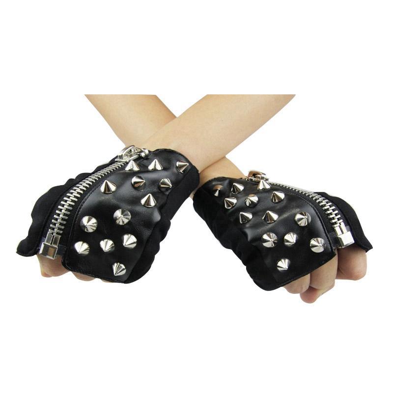 Women's Short Leather Spiked Punk Gloves