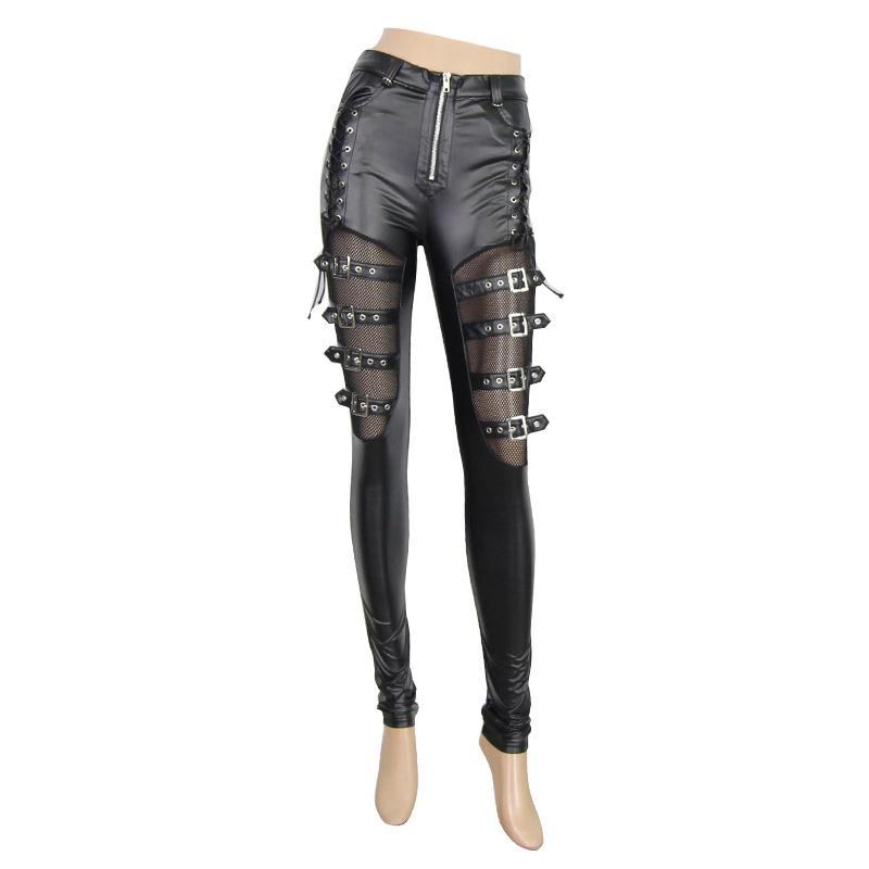 Women's Skinny Leather Lace and Straps Punk Trousers