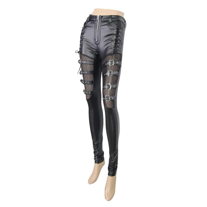 Women's Skinny Leather Lace and Straps Punk Trousers