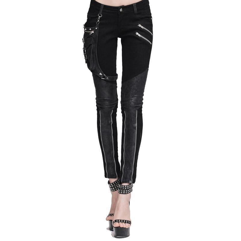 DEVIL FASHION Women's Skinny Punk Pants With Leather Patches