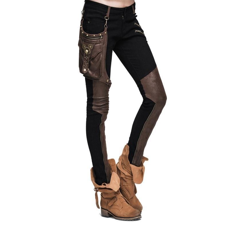 DEVIL FASHION Women's Skinny Punk Pants With Leather Patches