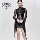 DEVIL FASHION Women's Stand Collar Flare Sleeved Floral Sheer Gauze Dresses