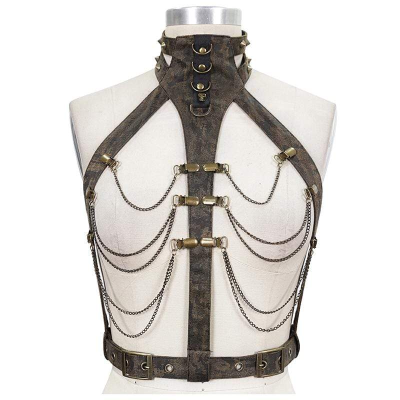 Women's Steampunk Brown Body Harness with Brass Chain