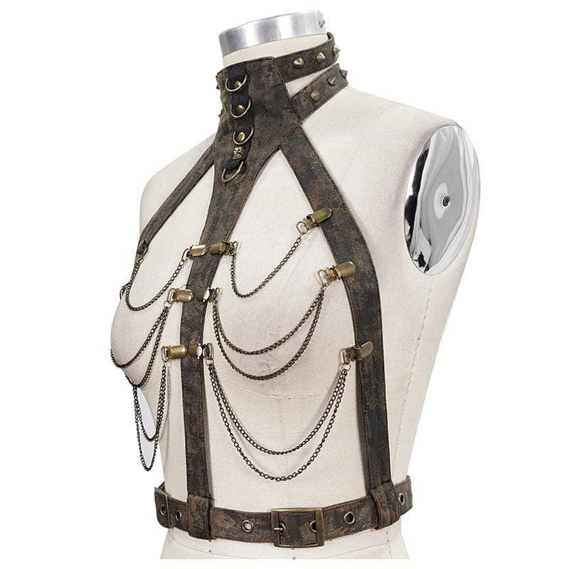 Women's Steampunk Brown Body Harness with Brass Chain