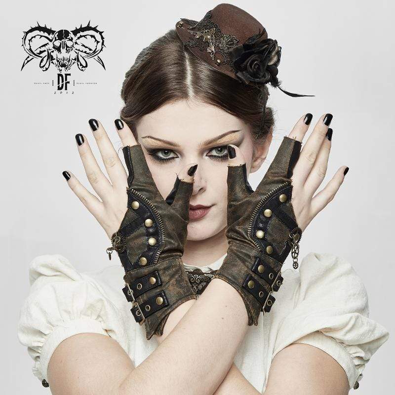 DEVIL FASHION Women's Steampunk Gears Zipper Irregular Gloves