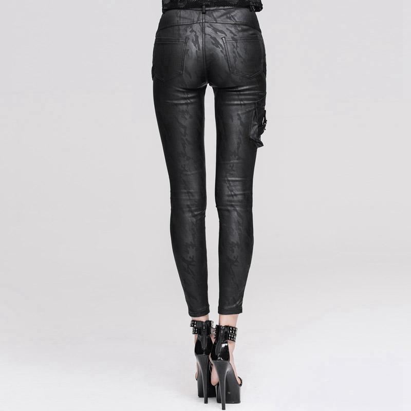 Women's Textured Leather Punk Trousers with Stitched Detail