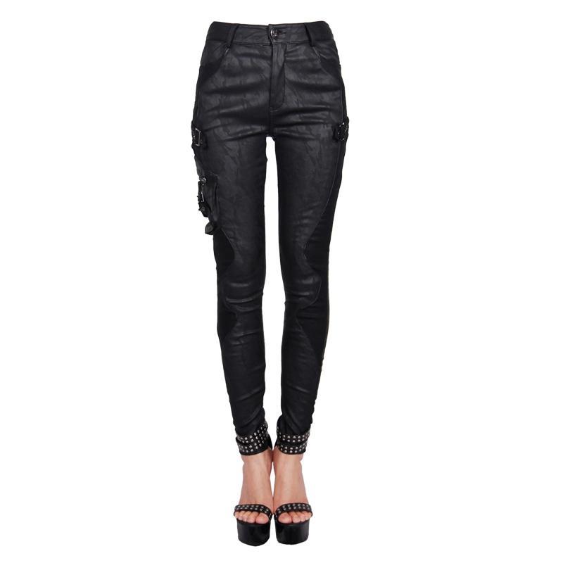 Women's Textured Leather Punk Trousers with Stitched Detail