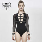 DEVIL FASHION Women's V-neck Mesh Sleeved Belts Rompers