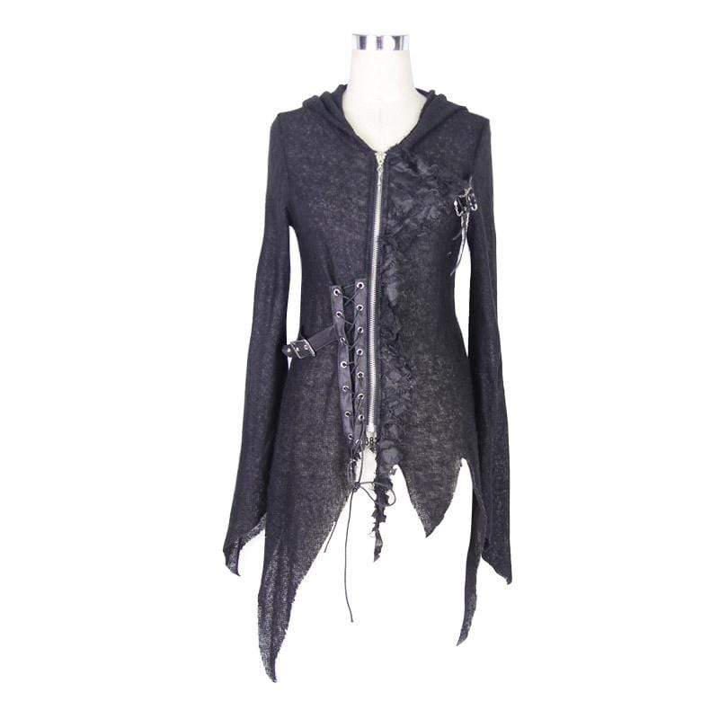 DEVIL FASHION Women's Vintage Punk Hooded Top With Leather details
