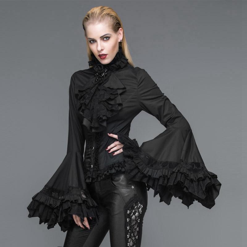 DEVIL FASHION Women's Vintage Short Ruffled Top With Trumpet Sleeves