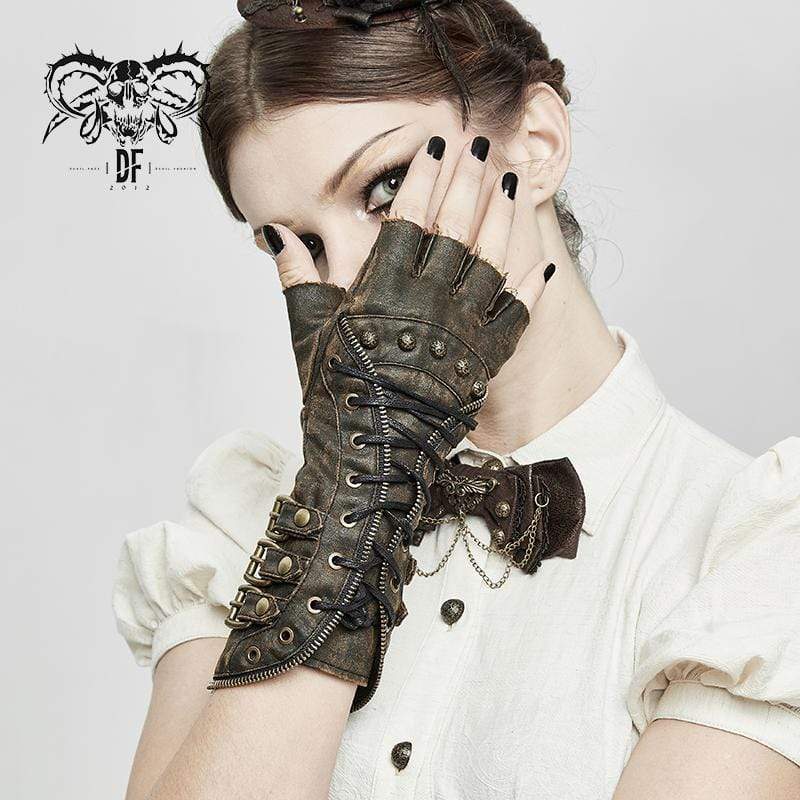 Women's Zipper Belt Rivets Faux Leather Gloves