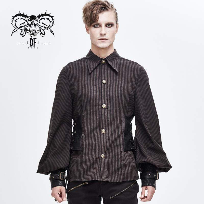 Men's Puff Sleeved Stripes Faux Leather Spliced Shirts