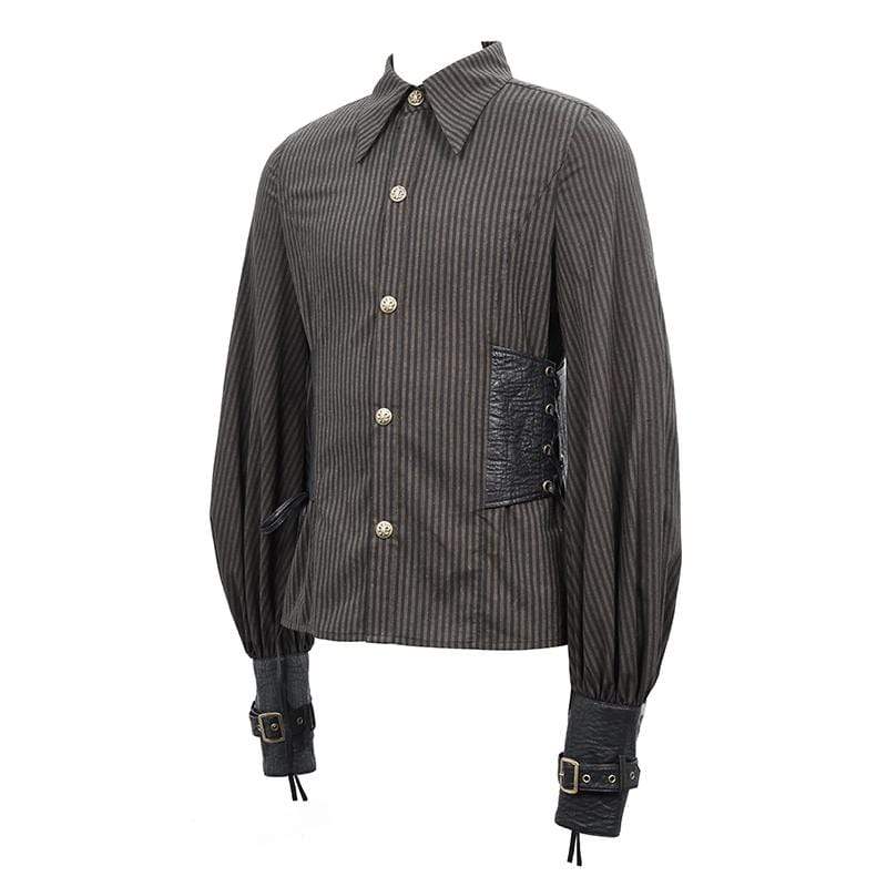 Men's Puff Sleeved Stripes Faux Leather Spliced Shirts