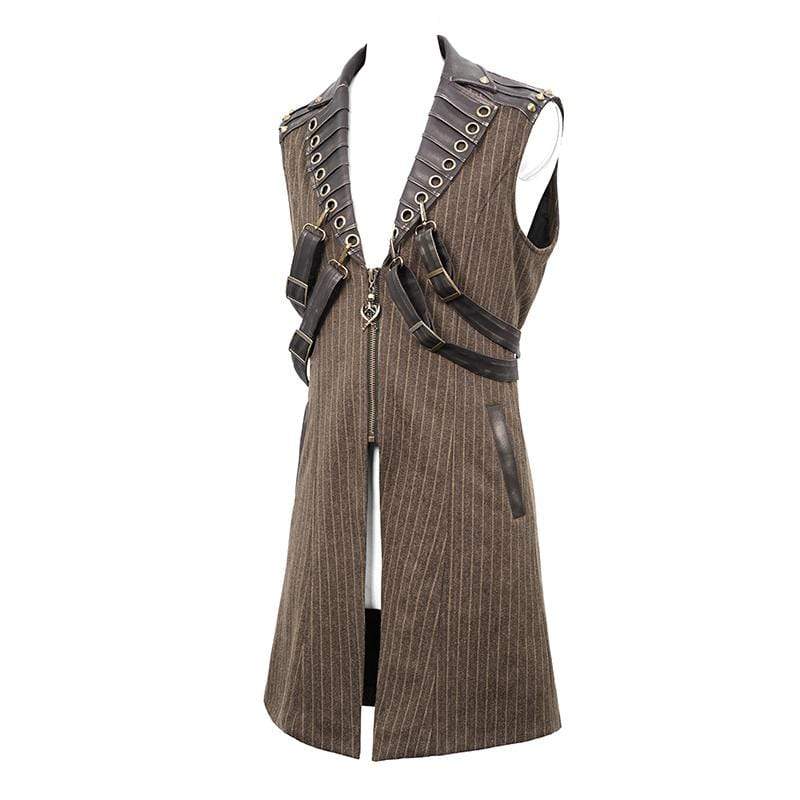 Men's Steampunk Faux Leather Shoulder Belts Stripes Long Waistcoats